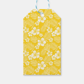 GEEL MET TROPISCHE WITTE HIBISCUS-STROMEN CADEAULABEL