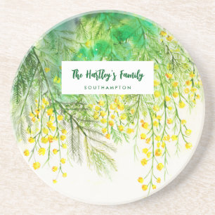 Geel Mimosa Floral Waterverf schilderij Zandsteen Onderzetter