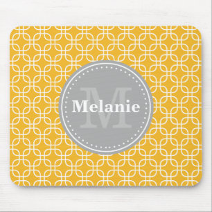 Geel modern vierkant Patroon grijs monogram Muismat