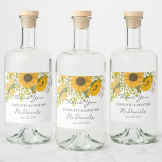 Geel Modern Zonnebloemen Boeket bruiloft Likeurfles Etiket