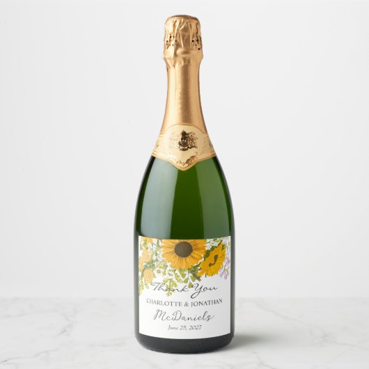 Geel Modern Zonnebloemen Boeket bruiloft Sparkling Wijnetiket (Voorkant)