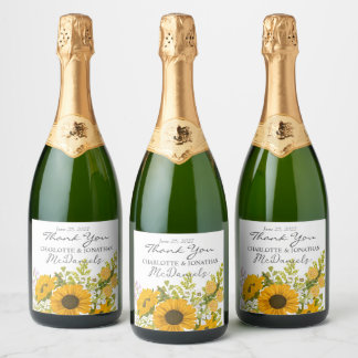 Geel modern zonnebloemen boeket bruiloft sparkling wijnetiket