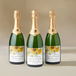 Geel Modern Zonnebloemen Boeket bruiloft Sparkling Wijnetiket