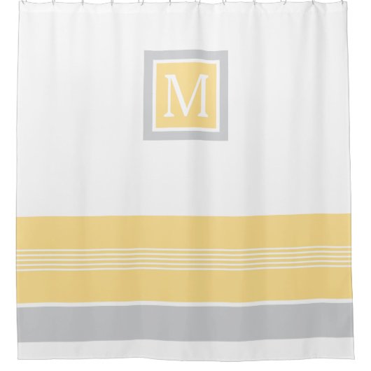 Geel monogram en grijze Striped Grens Douchegordijn (Voorkant)