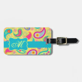 Geel monogram Turquoise Modern Pasley Pattern Bagagelabel (Voorkant horizontaal)