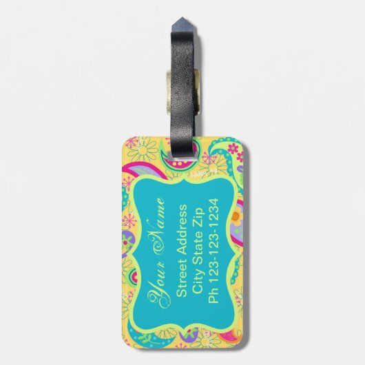 Geel monogram Turquoise Modern Pasley Pattern Bagagelabel (Achterkant verticaal)