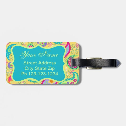 Geel monogram Turquoise Modern Pasley Pattern Bagagelabel (Achterkant horizontaal)