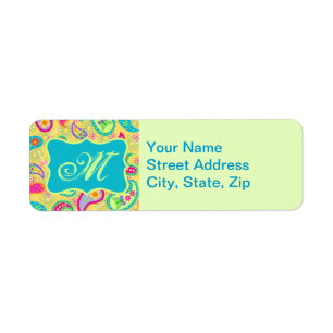 Geel monogram Turquoise Modern Pasley Pattern Etiket