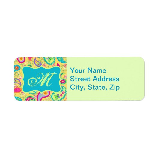 Geel monogram Turquoise Modern Pasley Pattern Etiket (Voorkant)