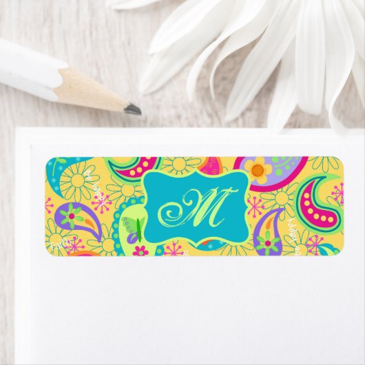 Geel monogram Turquoise Modern Pasley Pattern Etiket (Insitu)