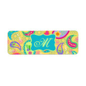 Geel monogram Turquoise Modern Pasley Pattern Etiket (Voorkant)