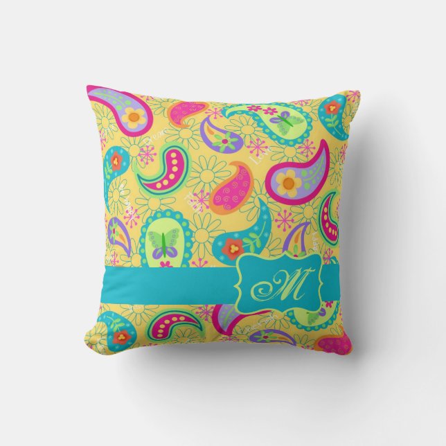 Geel monogram Turquoise Modern Pasley Pattern Kussen (Voorkant)
