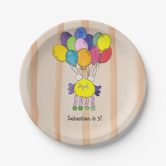 Geel Monster Ballonnen Verjaardagsfeestje Papieren Bordje (Voorkant)