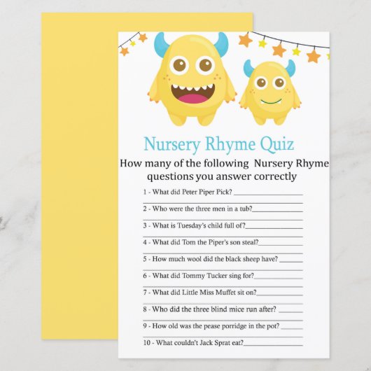 Geel monster-kinderrijmpjesquiz baby shower-spel (Voorkant / Achterkant)