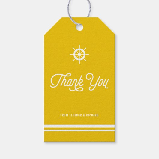 Geel Nautisch Bedankt Script met Helm Cadeaulabel (Voorkant)