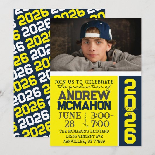 Geel & Navy Modern Afstuderen Fotouitnodiging Kaart (Voorkant / Achterkant)