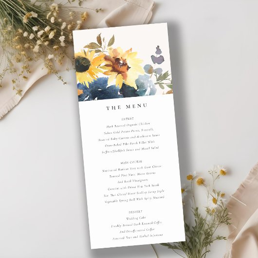 Geel Navy Zonnebloem Bloemen Bruiloft Menu Kaart