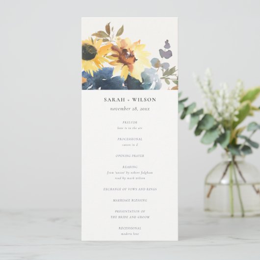 Geel Navy Zonnebloem Bloemen Bruiloft Programma (Staand voorkant)