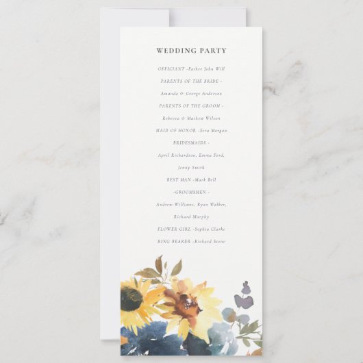 Geel Navy Zonnebloem Bloemen Bruiloft Programma (Achterkant)