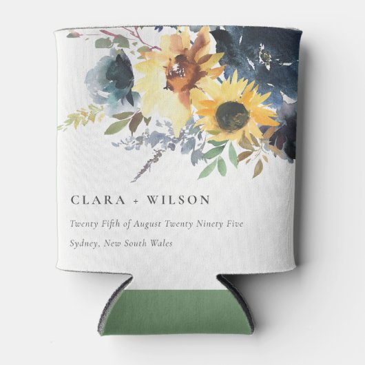 Geel Navy Zonnebloemen Waterverf Bloemen Bruiloft Blikjeskoeler (Voorkant)
