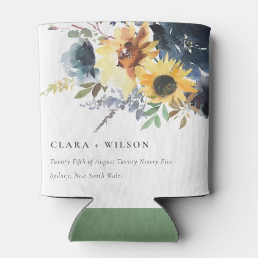 Geel Navy Zonnebloemen Waterverf Bloemen Bruiloft Blikjeskoeler (Achterkant)