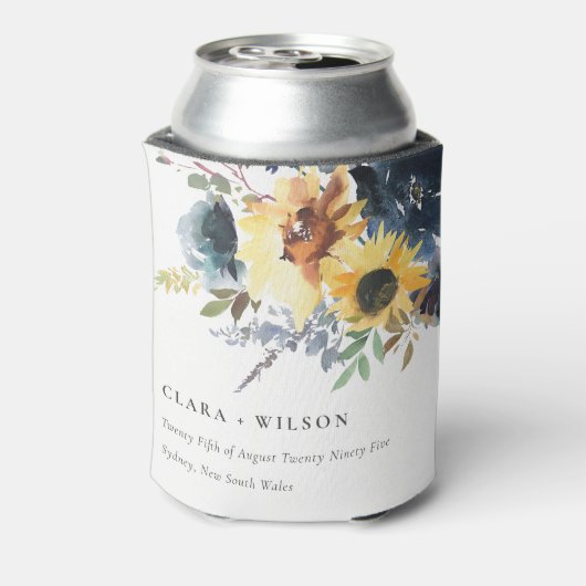 Geel Navy Zonnebloemen Waterverf Bloemen Bruiloft Blikjeskoeler (Blikje Achterkant)
