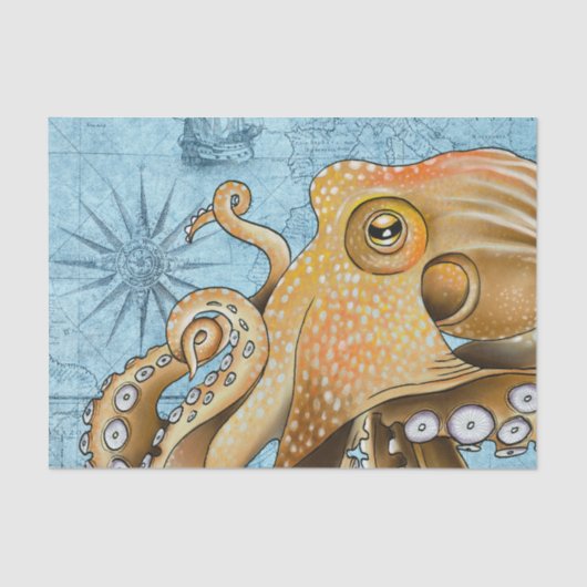 Geel Octopus  Kaart Compass Nautical Blue Tissuepapier (Voorkant)