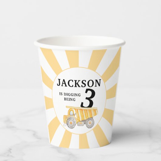 Geel onder bouw jongen verjaardag papieren bekers (Voorkant)