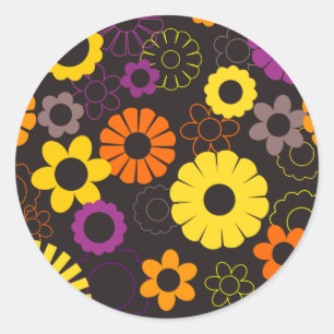 Geel oranje en paars retro bloemen ronde sticker