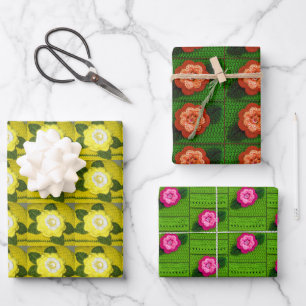 Geel Oranje Groen Floral Designer Crochet Print Inpakpapier Vel