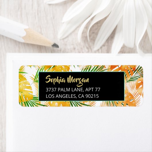 Geel Oranje Groen Tropisch Bladeren Naam en adres Etiket (Insitu)