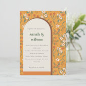 Geel Oranje Groovy Retro Arch Floral Wedding Kaart (Staand voorkant)