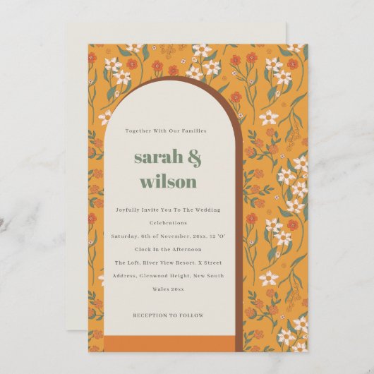 Geel Oranje Groovy Retro Arch Floral Wedding Kaart (Voorkant / Achterkant)