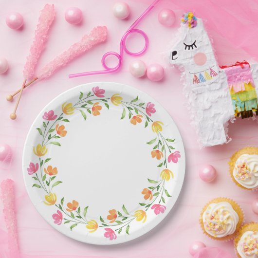 Geel, Oranje, Roze Aquarel Bloemenkrans Papieren Bordje (Feest)