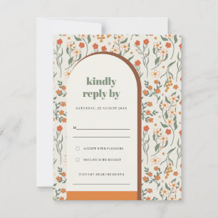 Geel Oranje Rust Groovy Retro Arch Flora Wedding RSVP Kaartje