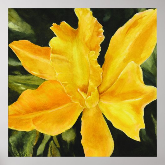 Geel orchidee groene achtergrond acryl poster (Voorkant)