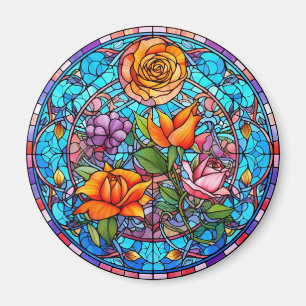 Geel & Paars Bloemmotief Nep Gebrandschilderd Glas Magneet