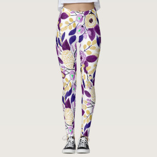 Geel Paars Floral Bouquet Waterverf Patroon Leggings