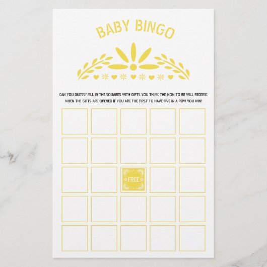 Geel Papel Picado Baby Boy Shower Bingo spel Flyer (Voorkant)