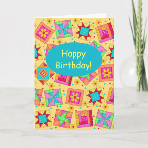 Geel patchwork Quilt Block Art Happy Birthday Kaart
