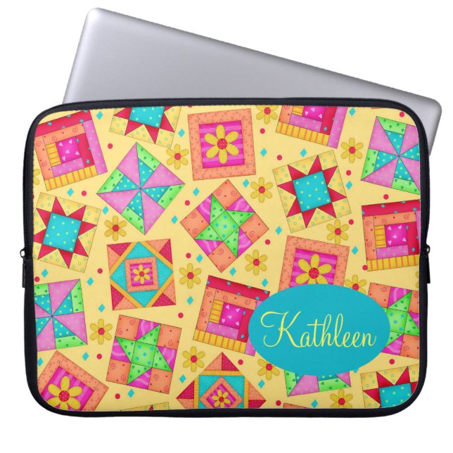 Geel patchwork Quilt Block Art Personalized Laptop Sleeve (Voorkant)