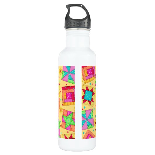 Geel patchwork Quilt Block Art Personalized Waterfles (Achterkant)