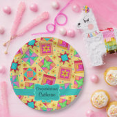 Geel patchwork Quilt Block Name Gefeliciteerd Papieren Bordje (Feest)