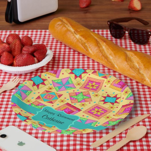 Geel patchwork Quilt Block Name Happy Retirement Papieren Bordje (Picknick)
