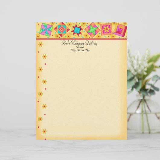 Geel patchwork Quilt Blocks Letterhead Briefhoofd Ontwerp (Staand voorkant)