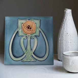 Geel Peony Blue Decor Art Nouveau Art Deco Tegeltje