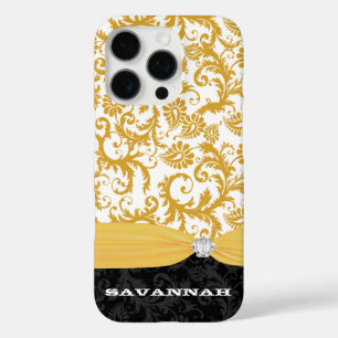 Geel - Persoonlijk Faux Rhinestone Damask iPhone 16 Pro Hoesje