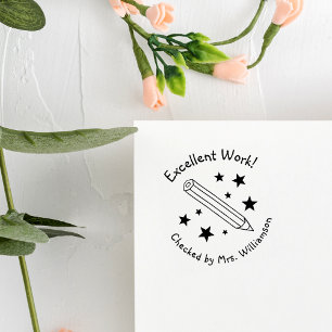 Geel potlood & sterren Uitstekend werkleraar Zelfinktende Stempel