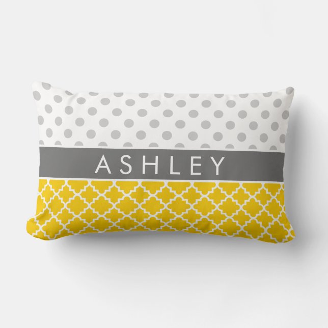 Geel Quatrefoil en grijs Polka Dot Pattern Kussen (Voorkant)