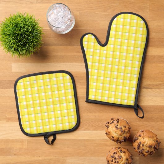 Geel Retro Plaid Patroon Ovenwant & Pannenlap Set (Top down)